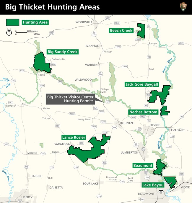 A simple map of Big Thicket hunting areas, shown in dark green, and with green and white labels: Big Sandy Creek, Beech Creek, Jack Gore Baygall, Neches Bottom, Beaumont, Lake Bayou, and Lance Rosier are the hunting areas.