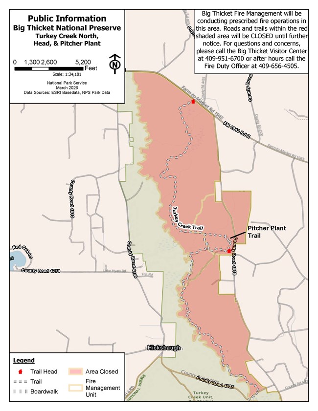 Map of burn area, shown in red, in the northern half of the Turkey Creek Unit. The map shows the Pitcher Plant Trail and Turkey Creek Trail in the closed area as well as nearby roads.