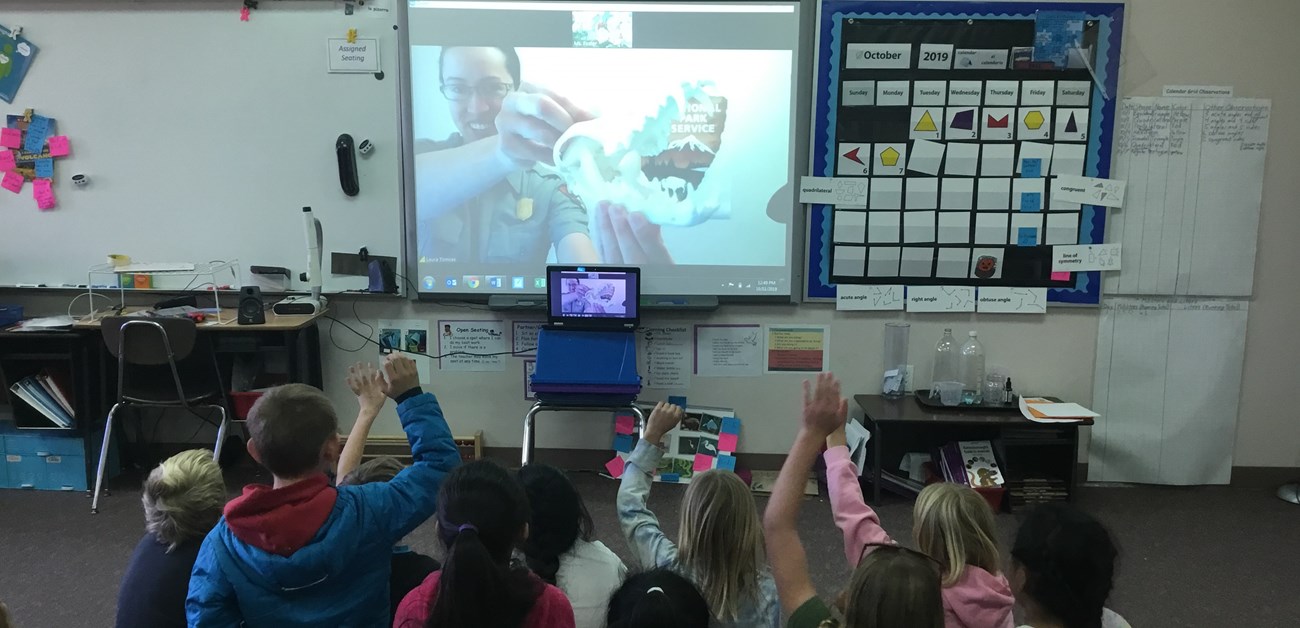 Students in a classroom watch a projected image of a ranger leading a program