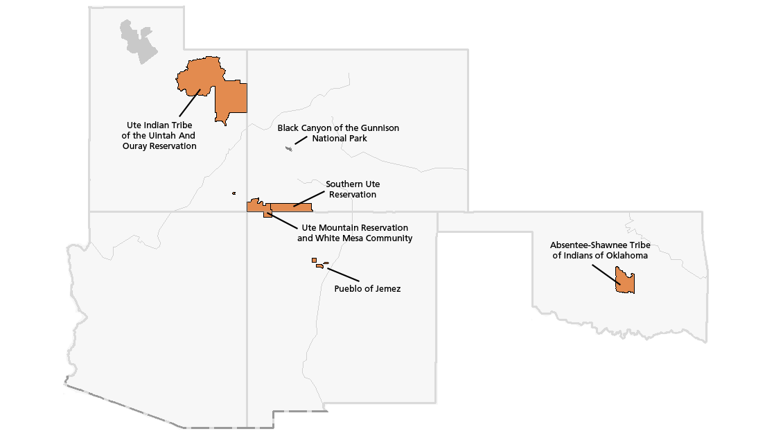 A map with state outlines of Utah, Colorado, Arizona, New Mexico, and Oklahoma. Orange shaded areas with black borders show traditionally associated tribes. Each area has a label with a black line. A grey shaded area shows the park boundary.