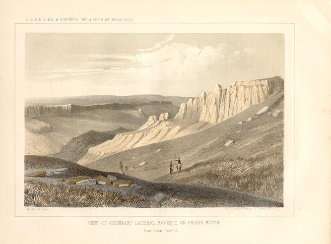 Lithograph depicting a scene with tall pinnacle spires and mesas. Grasses and hills are shaded in grey and brown in the foreground. Two figures, one on horseback, are facing away towards a canyon in the distance.