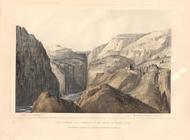 Lithograph scan of a canyon scene. Canyon walls are shaded in light brown, dark brown, and grey. Water is at the bottom of the canyon. Small pinnacles rise from the canyon rims.