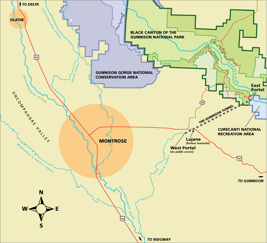 A map of the Uncompahgre Valley with a beige background. Roads are red lines, park boundary shaded green, and Montrose shaded in orange. Gunnison Tunnel is a dotted line and townsites are labeled with black text. Streams and canals are blue lines.