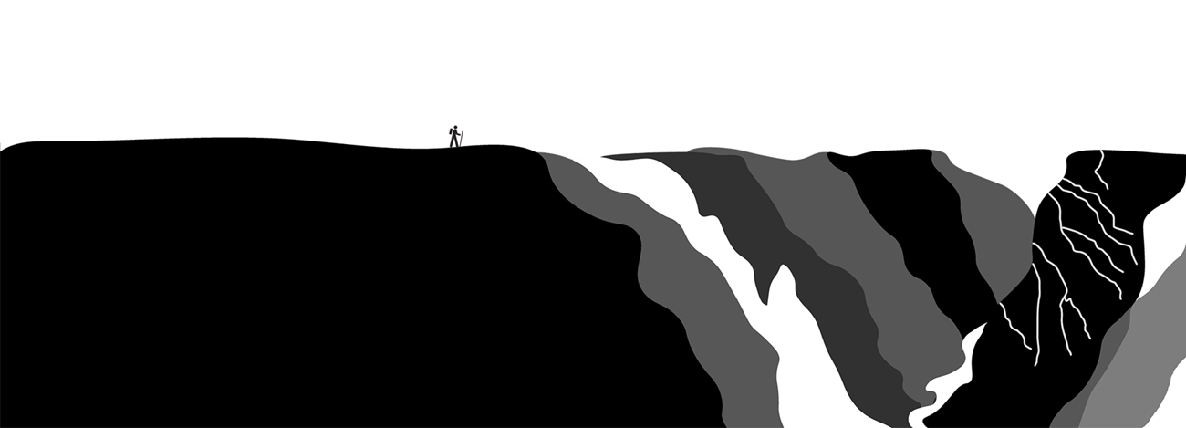 Graphic design of a canyon with grey and black walls. A river shaded in white is between the walls. A hiker pictogram is on the canyon rim, scaled to show size comparison.