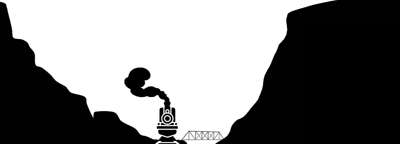 Graphic design of a train, truss bridge, and canyon walls shaded in black