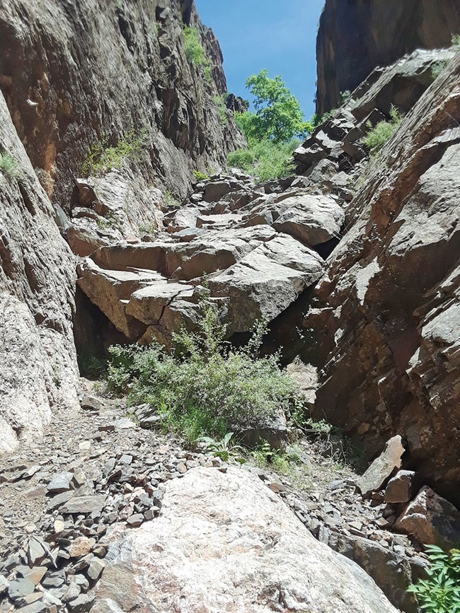steep rocky ledge with scree field below tucked into a narrow draw in the cliffside