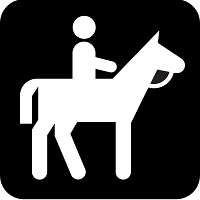 A black background with a white graphic of a person riding a horse