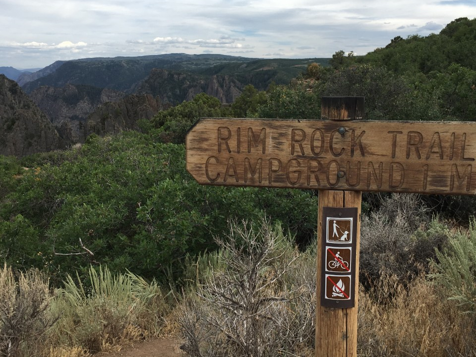 Rim Rock Trail sign with green shrubs and canyon in distance
