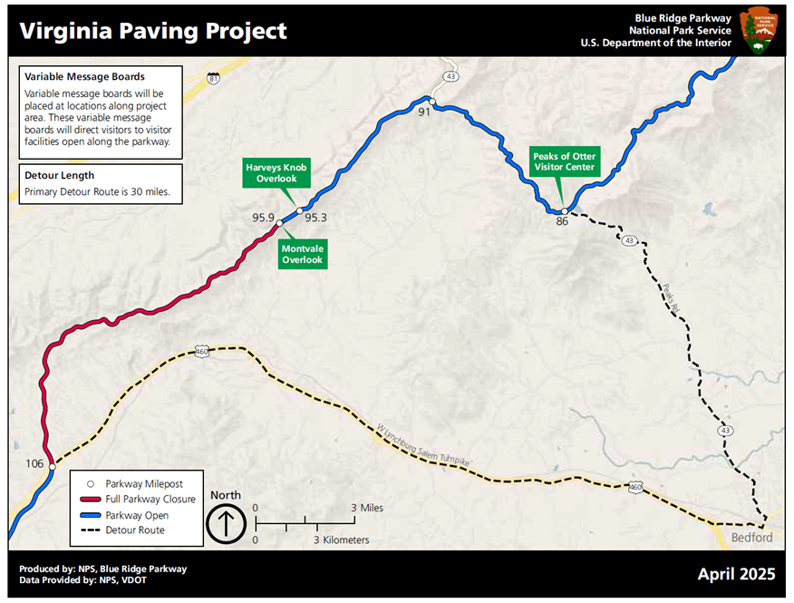 Map of the Blue Ridge Parkway in Roanoke VA highlighting road closures and deteours. Open section of the road are in blue, closures in red and detours represented by a black broken line.
