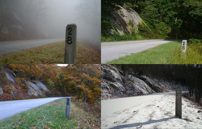 Parkway mile post 28 in the springtime fog, summer, fall and winter