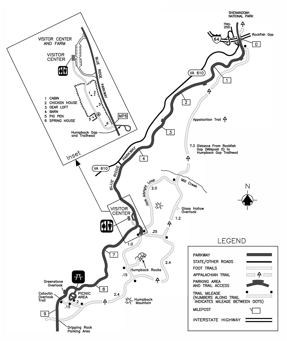 map of the hiking trails in the Humpback Rocks area