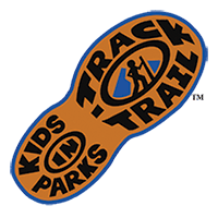 The TRACK Trail logo of the tread of a hiking boot spelling the words Kids in Parks and Track Trail