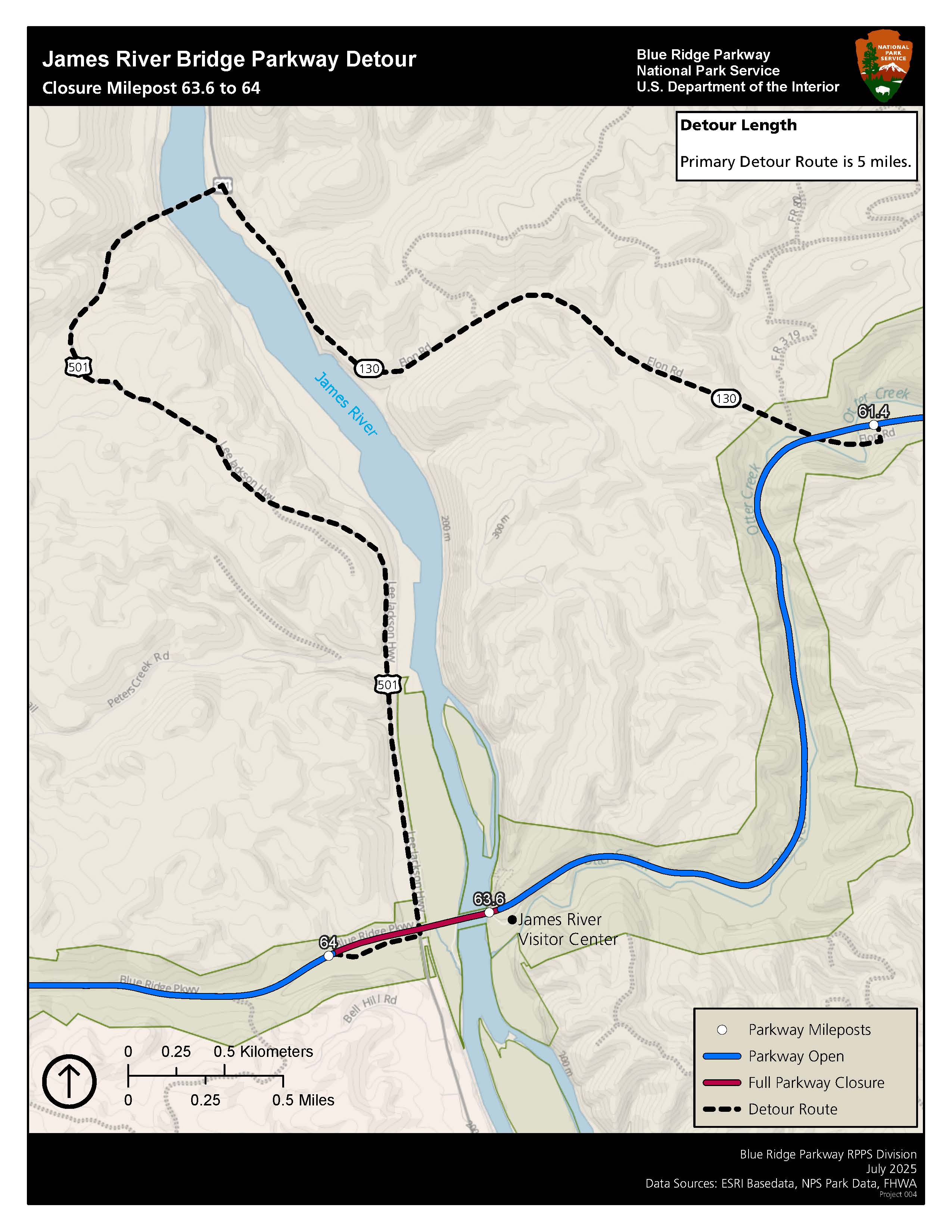 Map of the detour route for the James River Bridge while repairs are made.