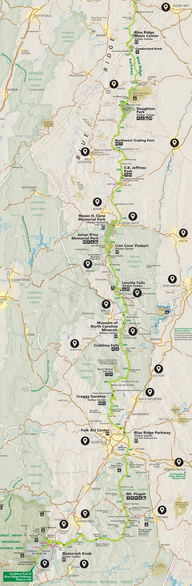 Map of Parkway in North Carolina with pins above neighboring communities