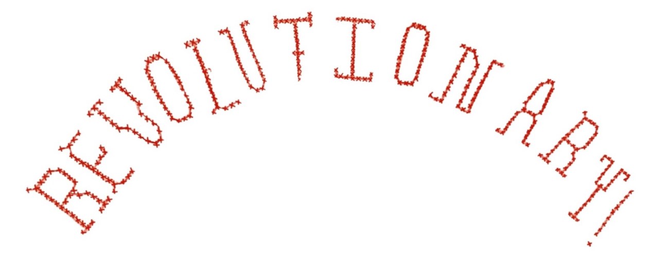the word revolutionary designed to appear as though it had been stitched or sewn
