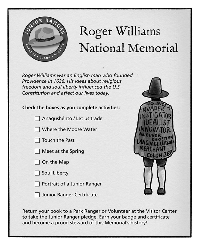 Page with text and drawing of a colonial era man with beaver hat and cape facing away