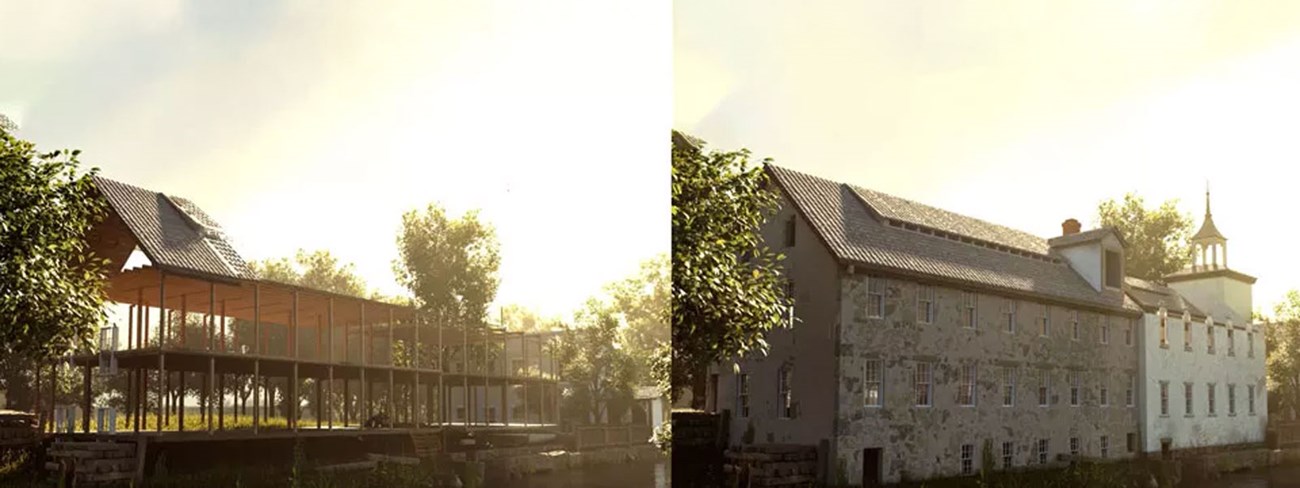 A side-by-side image of two architectural renderings. The left shows a modern, open-concept structure with a slanted roof and large glass windows surrounded by trees. The right depicts a historic stone mill building with a bell tower.