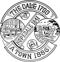 Town seal reading "The Dale 1700" "Hopedale 1841" "A Town 1886" with images of workers in a mill and a farmer behind a plow