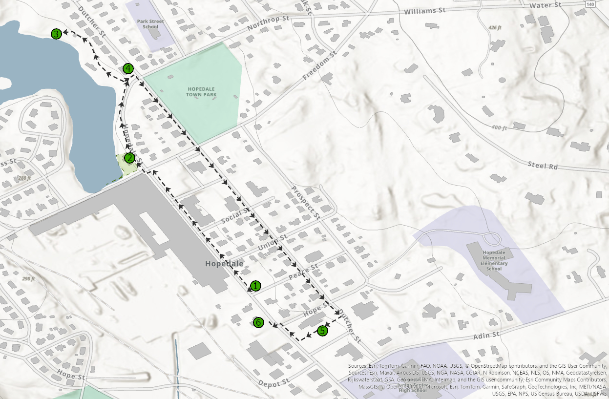 Map of Hopedale with dotted line with arrows and numbered circles