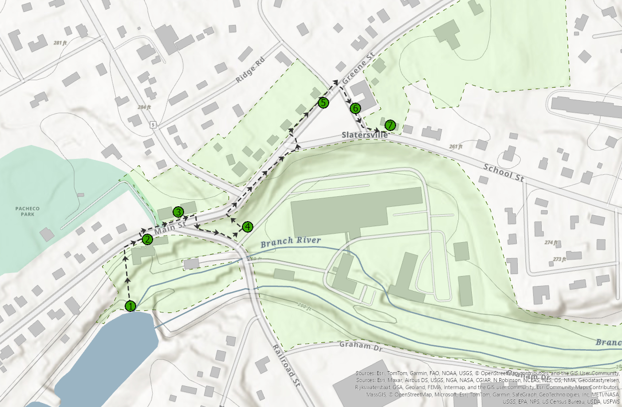 Map of Slatersville with black dotted lines, arrows, and numbered circles