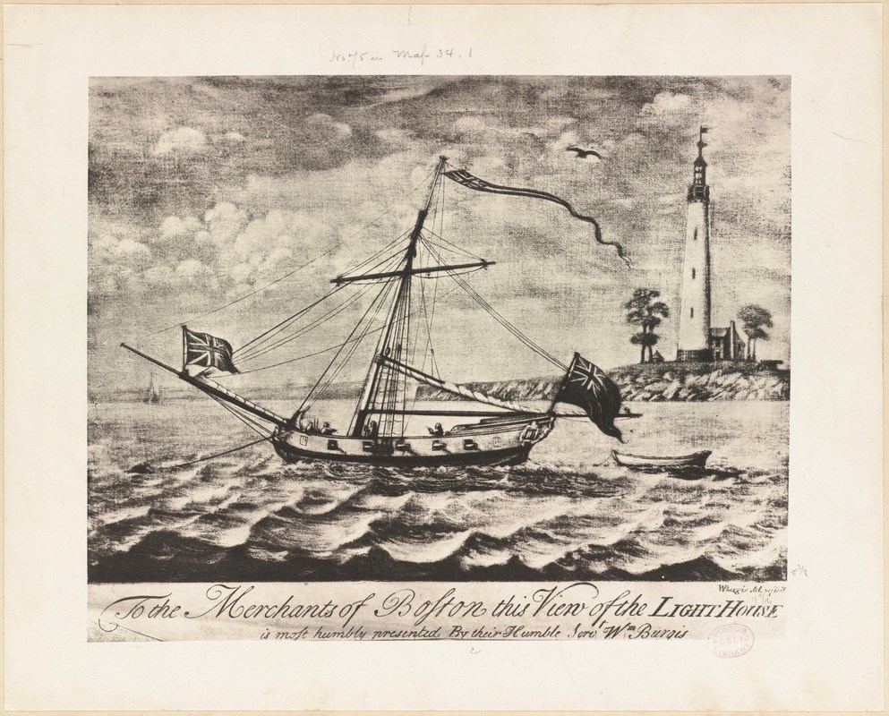 Sketch of a ship with large sails in the water in front of an island with a lighthouse