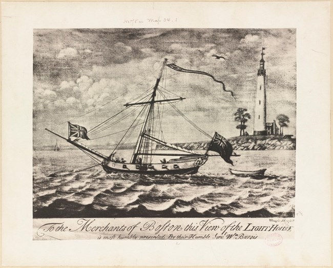 Sketch of a ship with large sails in the water in front of an island with a lighthouse