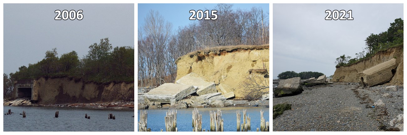 island erosion on an island at 2006, 2015, and 2021