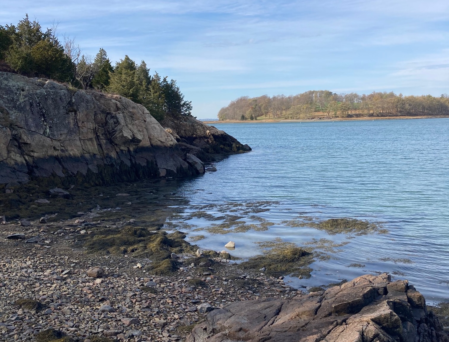 a rocky shoreline with an island in the distance