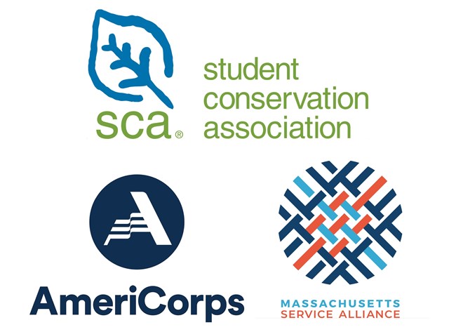 Graphic with Student Conservation Association logo above the AmeriCorps Logo and Massachusetts Service Alliance logo