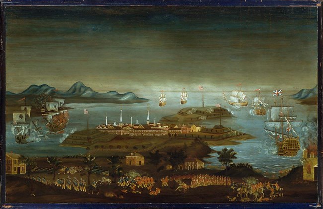 Painting of Boston Harbor with colonial era ships in the harbor surrounding boston and a battle in the foreground between the British and colonists.
