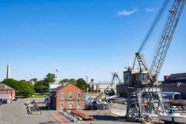 View of a crane and Building 10 at the Charlestown Navy Yard