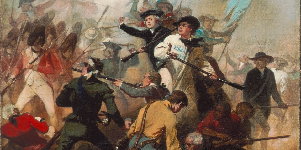 Painting depicting colonial and British forces engaged in hand to hand fighting inside an earthen fort