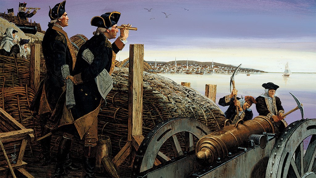 Illustration of Continental soldiers and officers in a fortification overlooking a colonial town across a harbor