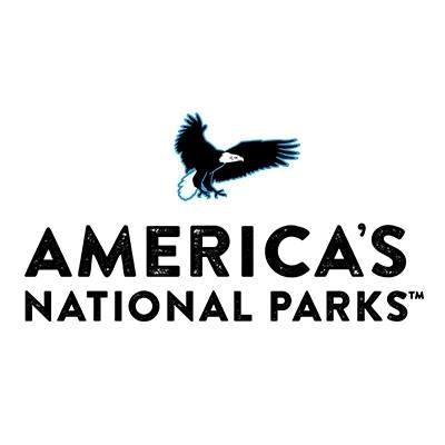 Logo for the America's National Park Stores. A square graphic with a white background. In the center is the text America's National Parks TM in a distressed blue font. Above that is a small graphic of a bald eagle with its wings extended in a forward arc.
