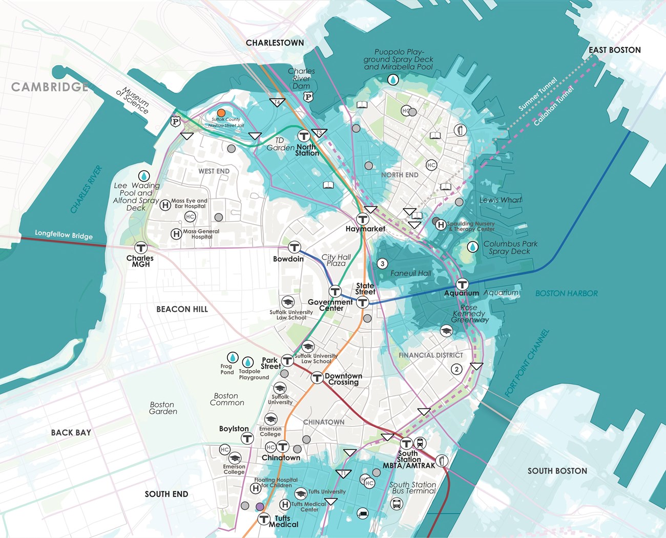 Map of downtown Boston from South End and Back Bay to the west, South Boston to the south, and Charlestown, East Boston, and Cambridge to the north.