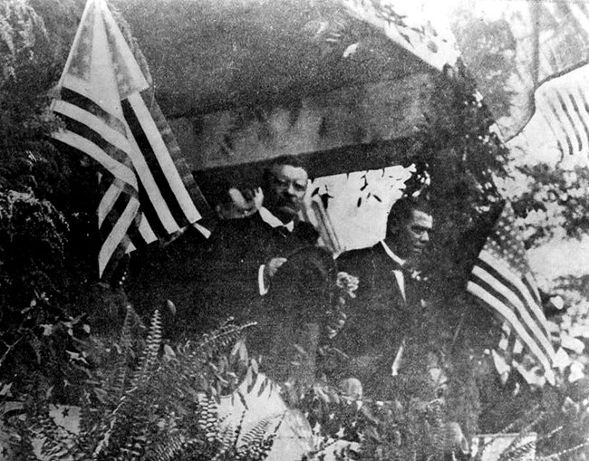 Two men standing together surrounded by American flags.