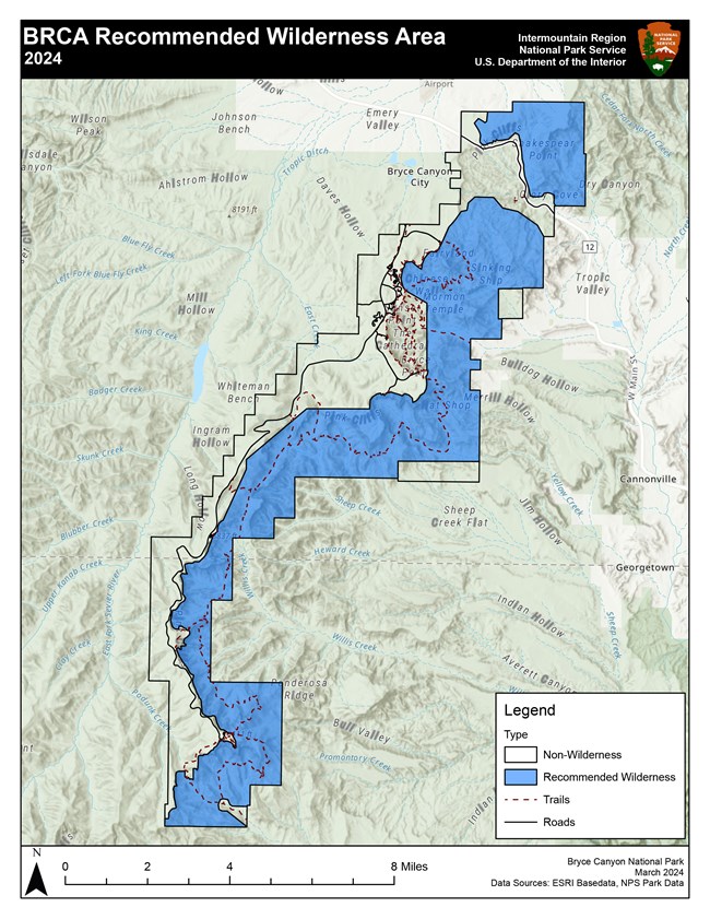 A map of Bryce Canyon with the proposed wilderness in blue