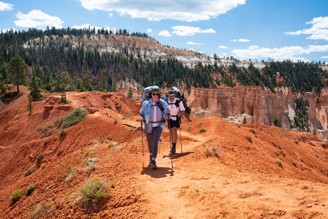 Two people hike with trekking poles surrounded by red rocks