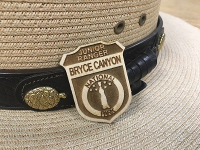 A wooden junior ranger badge leaning against a park ranger flat hat