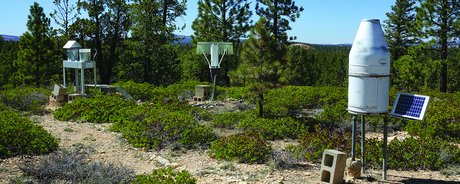 Three white and metal devices stand in a forest of low brush. The devices are various weather and air quality measurement stations.
