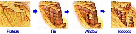 Four step hoodoo formation (Plateau-Fin-Window-Hoodoos)