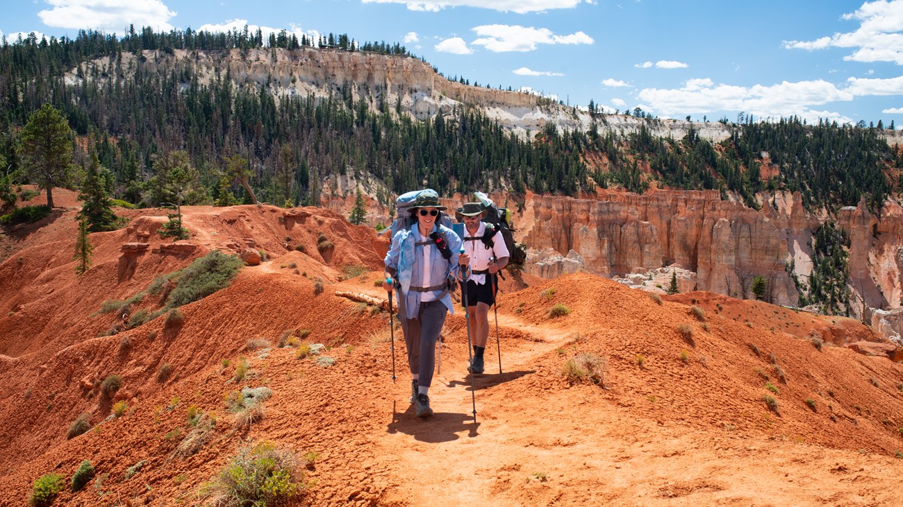 Two backcountry hikers along red rock path