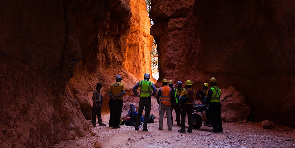 Search and Rescue Team members in the bottom of a red rock canyon