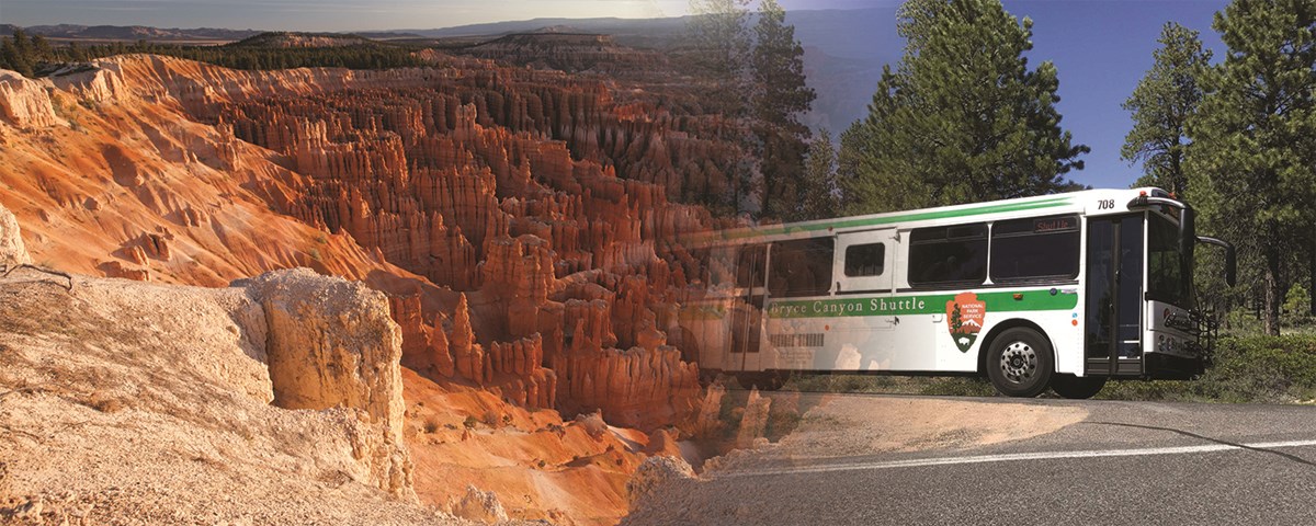 A vast redrock landscape full of rock spires called hoodoos fades into a shuttle bus reading Bryce Canyon Shuttle