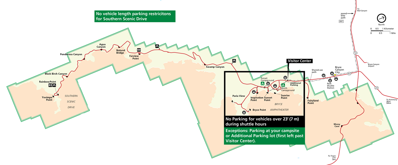 A map of Bryce Canyon National Park showing areas where oversized vehicles can and cannot park