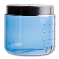 A blue jar with a black lid