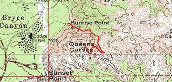 Topographical Image of Queens Garden trail (marked in red)