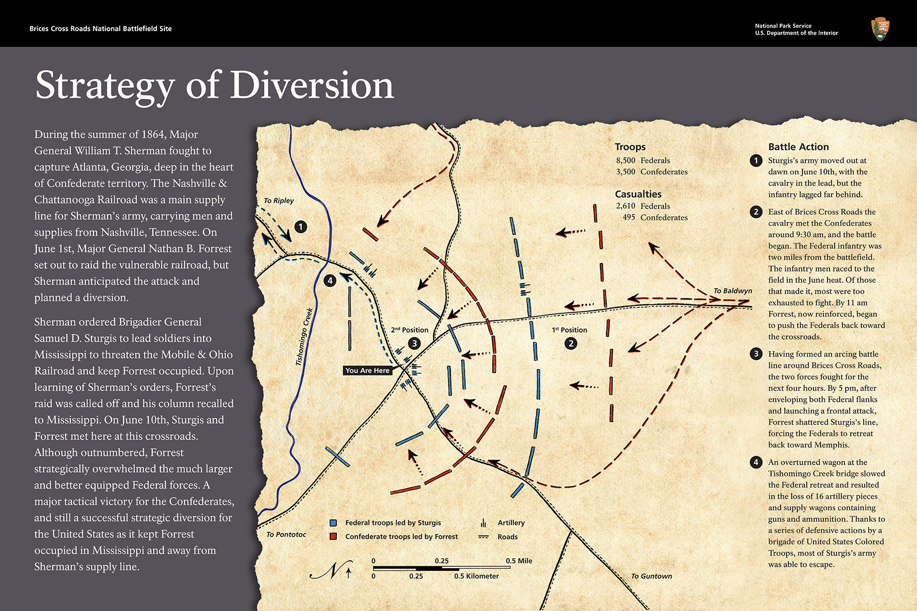 Strategy of Diversion - A wayside image for Brices Cross Roads National Battlefield Site.