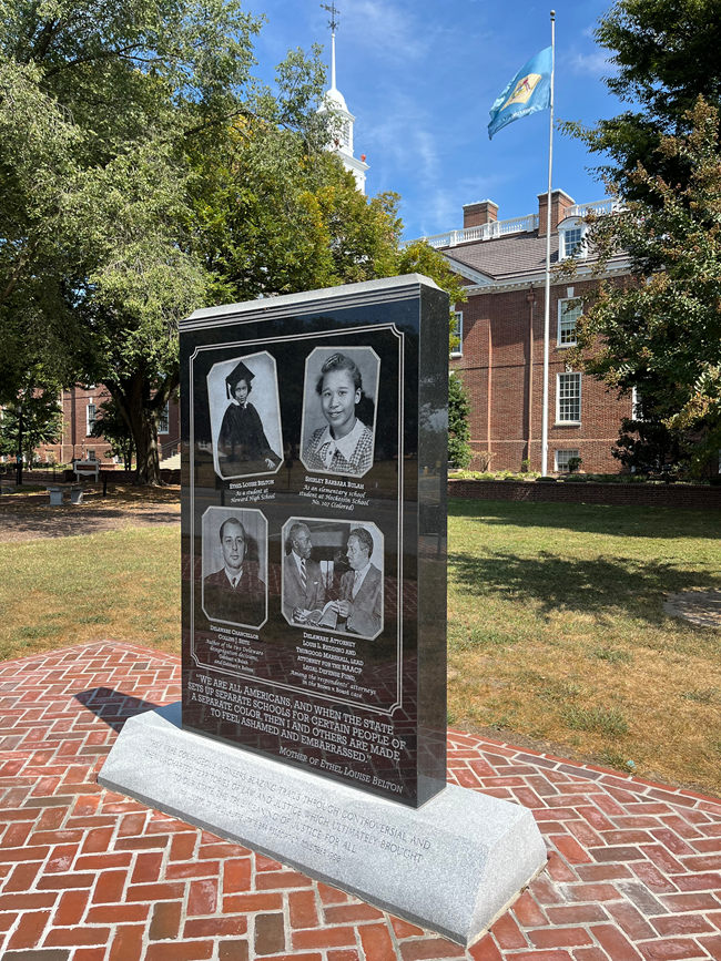 Black granite monument to Brown v. Board decision in Delaware.