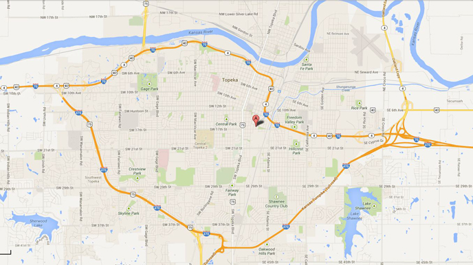 Birds eye map view of the city of Topeka.